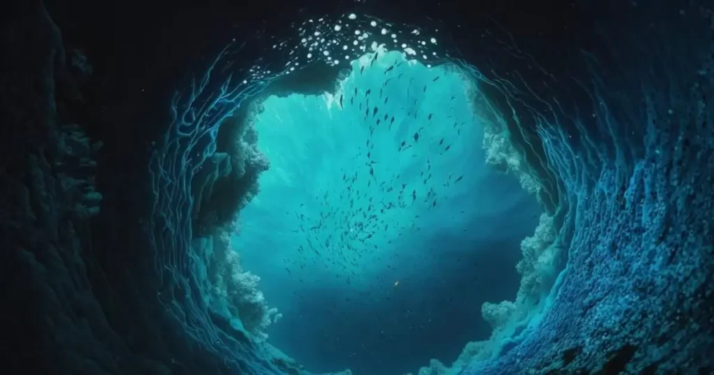 Científicos explorando el agujero azul Taam Ja’ en la Bahía de Chetumal, México