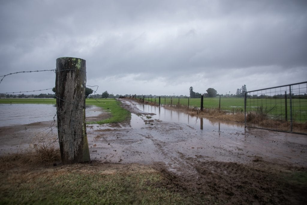 Flooded farm land grass rural yard barbwire fence driveway disaster emergency flood water | Ambienta - Staging