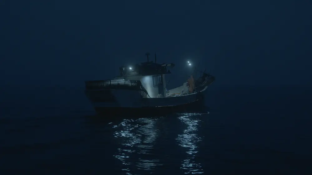 agua-invadida-pesca-ilegal-noche | Ambienta - Staging Barco pesquero efectuando pesca ilegal de noche, problemática clave de Agua Invadida.