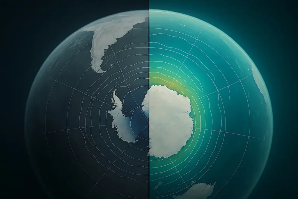 antartica-recuperacion-capa-ozono | Ambienta - Staging Representación de la Tierra dividida en la Antártica, simbolizando la recuperación y el cierre anticipado del agujero de ozono.