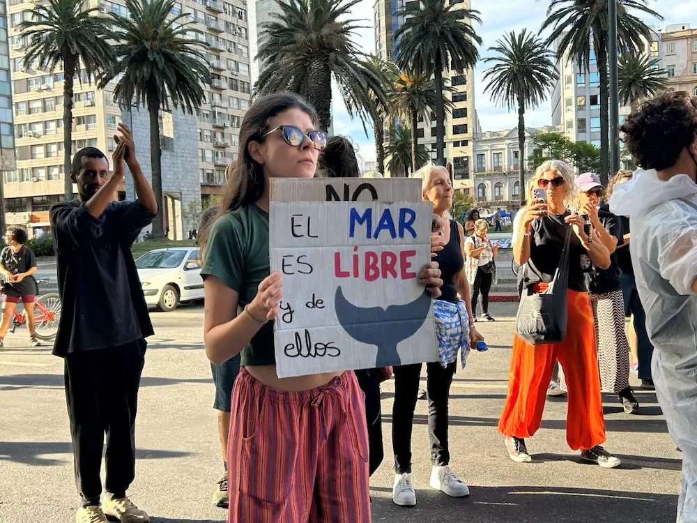 mar-libre-petroleras-uruguay-movilizacion-2 | Ambienta - Staging Una participante sostiene un cartel con ilustración de ballena en la concentración por un mar libre de petroleras. Foto: Ambienta.