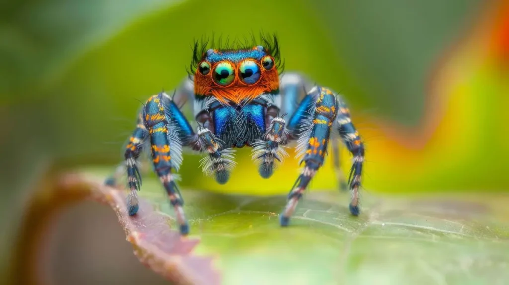 Primer plano macro de una araña pavo real macho mostrando sus colores brillantes.