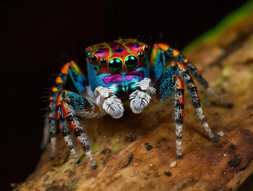 Un macho de araña pavo real desplegando su colorido opistosoma durante la danza de apareamiento.