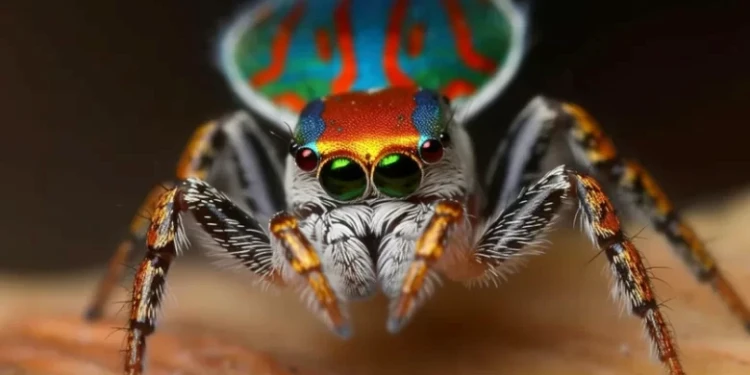 Primer plano de los ojos evolucionados y el patrón de colores en la cabeza de una araña pavo real.