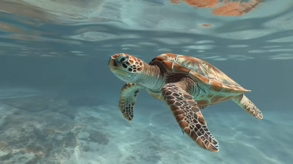 Tortuga marina nadando en aguas poco profundas, ilustrando la importancia de la conservación de las tortugas marinas en Uruguay.