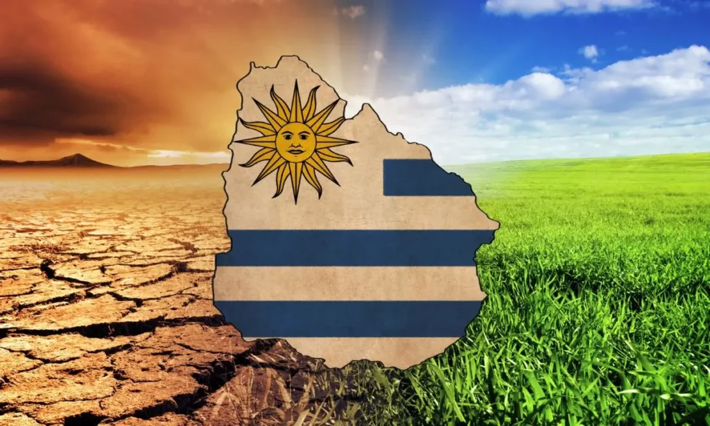 Mapa de Uruguay sobre un fondo que contrasta la sequía con la naturaleza verde, representando los temas ambientales en Uruguay.