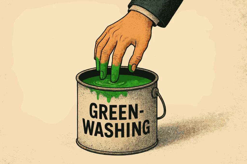 Ilustración de una mano manchándose de pintura verde en un cubo con la etiqueta "Greenwashing", representando la falsa imagen ambiental.