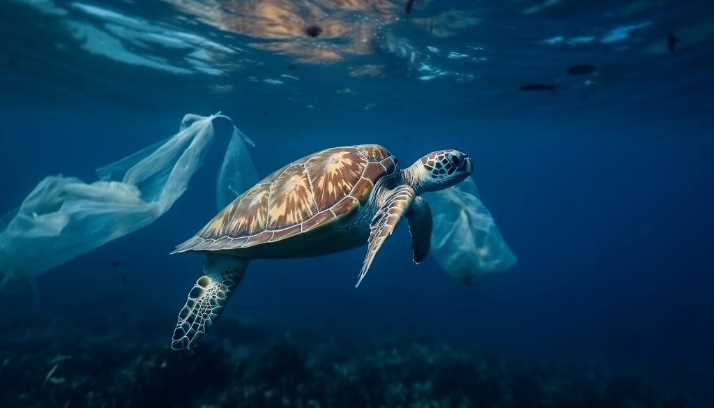 Green Sea Turtle Swimming with Plastic Pollutions in Turquoise Water | Ambienta