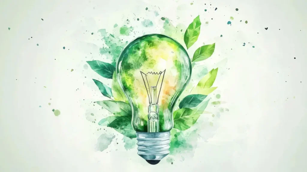 Bombilla con hojas verdes, simbolizando la energía renovable y la naturaleza.