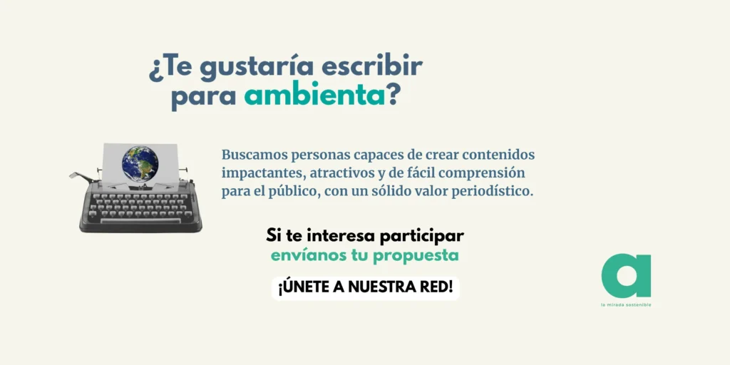 Escribe-para-ambienta | Ambienta Máquina de escribir con un logo de globo terráqueo y el texto "Escribe para Ambienta" para la convocatoria de periodismo ambiental.
