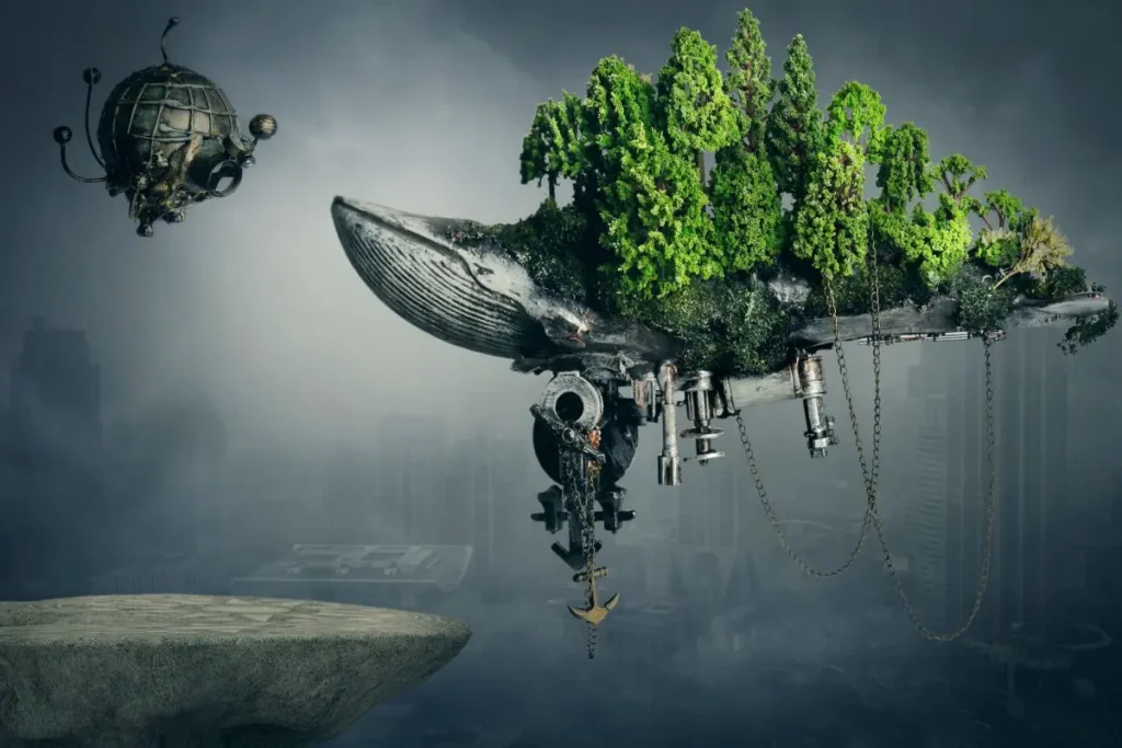 IA-naturaleza | Ambienta Ballena metálica voladora con árboles, símbolo de la conexión entre humanización y naturaleza en el futuro.