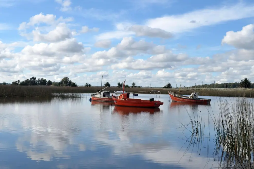 Barcas de pesca artesanal en los Humedales de Santa Lucía, reflejando el cielo y la vegetación, un paisaje clave del SNAP Uruguay.