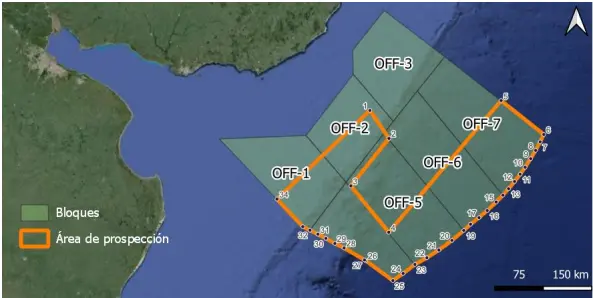 Mapa de los bloques (OFF-1 a OFF-7) y el área actual de exploración offshore y prospección sísmica en la plataforma marítima de Uruguay.
