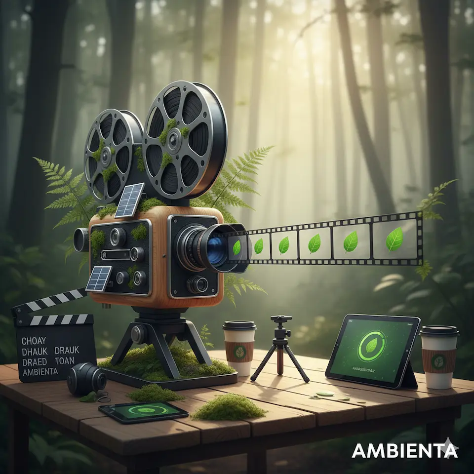 cine-sostenible-green-latam-lab-ia | Ambienta Cámara de cine con elementos de naturaleza y paneles solares, simbolizando el cine sostenible y las tecnologías verdes en la industria audiovisual.