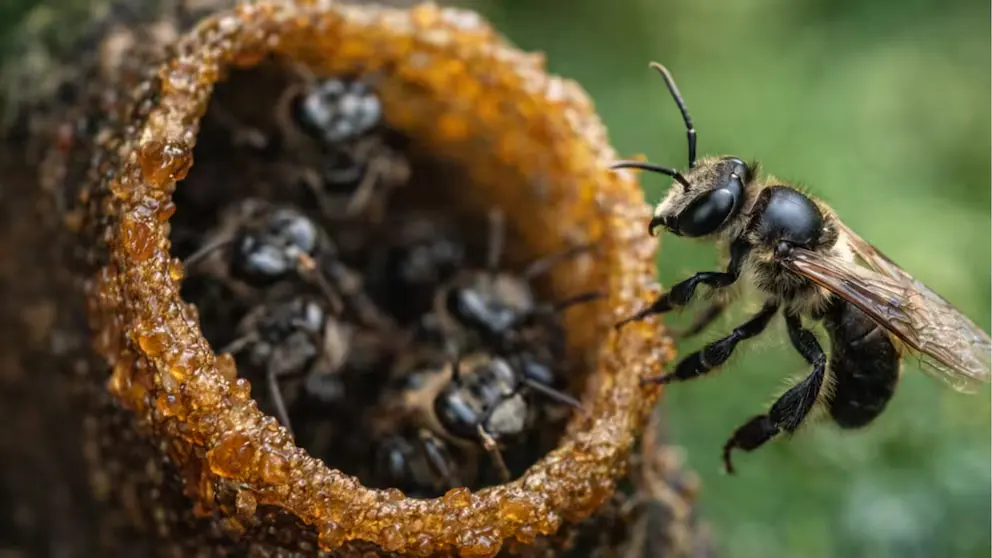 Abejas sin aguijón en la entrada de su nido amazónico.