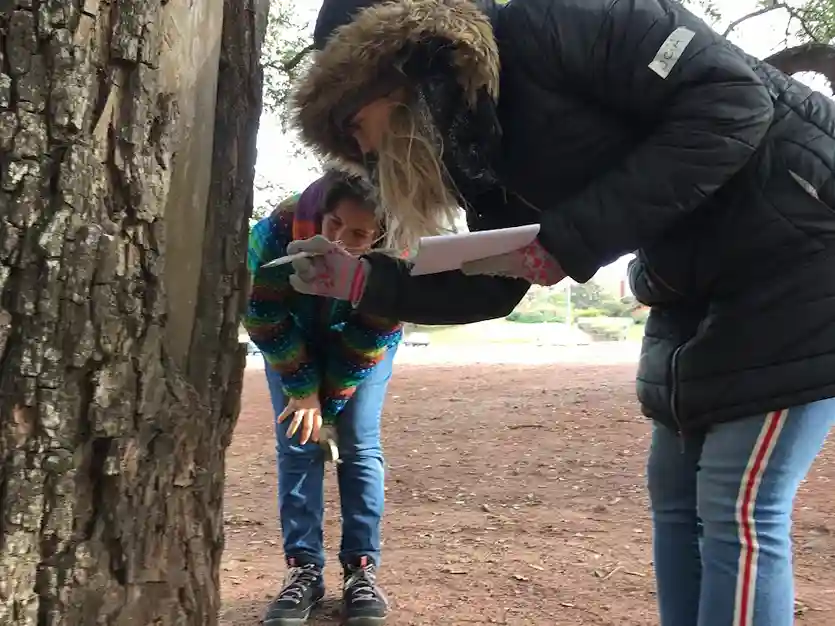 Maestra de la Escuela 100 utilizando una lupa para la indagación ecológica en el Parque Batlle.