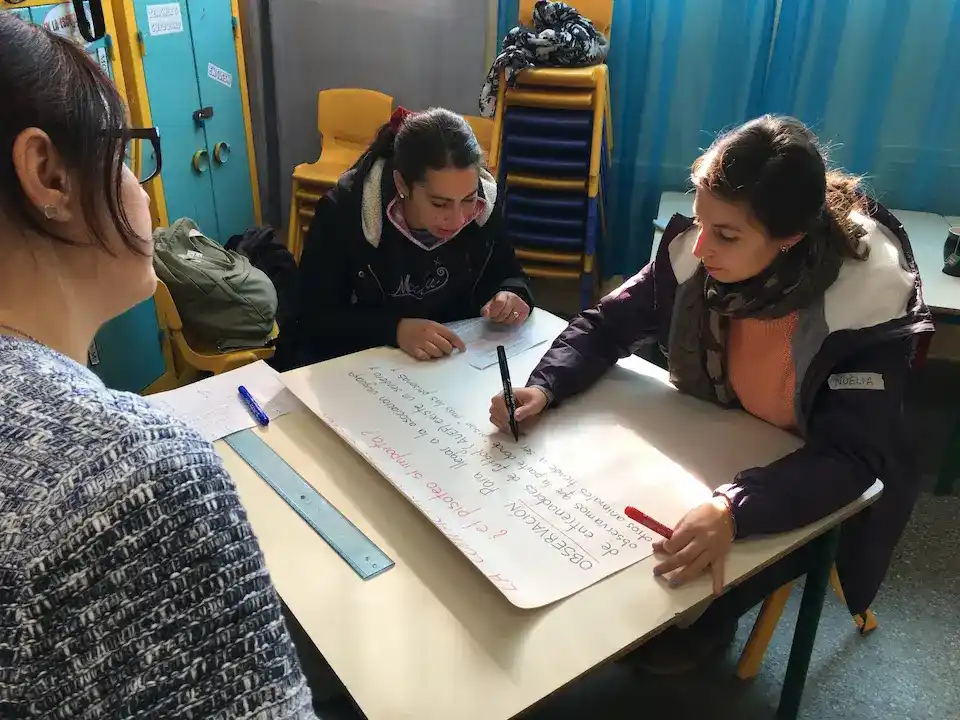 Docentes de la Escuela 100 planificando el estudio científico sobre compactación del suelo.