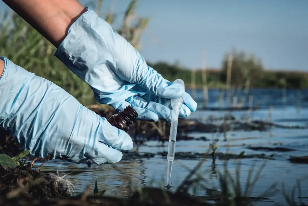 Día Internacional De La Mujer Y Las Niñas En La Ciencia Voces Para Entender El Reto Ambiental De Uruguay Primer plano de una investigadora realizando un muestreo de agua en un ecosistema natural, representando el aporte de la Mujer y Ciencia en Uruguay.