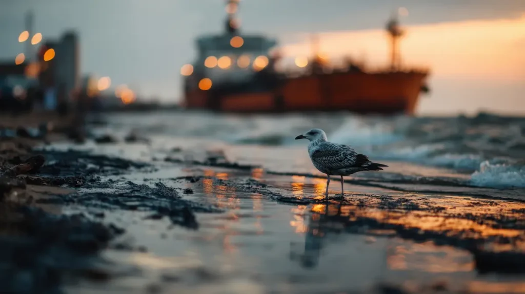 Fauna marina en la costa uruguaya frente a un buque de prospección sísmica, representando el dilema del Uruguay natural.