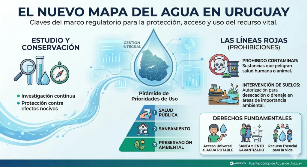 Infografía sobre el Código de Aguas en Uruguay: prioridades de uso, derechos fundamentales y prohibiciones de contaminación.