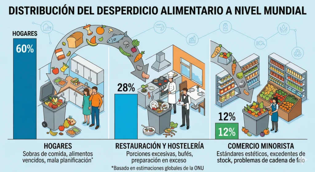 Infografía que muestra la distribución porcentual del desperdicio de alimentos a nivel mundial (Hogares 60%, Restauración 28%, Comercio 12%) en el contexto del Día Internacional de Cero Desechos.