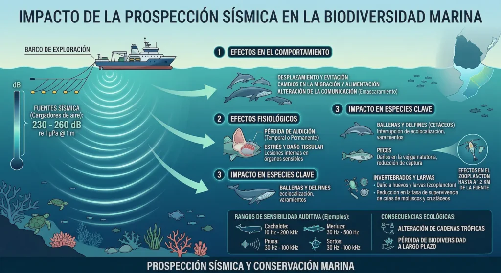 Infografía sobre el impacto de la exploración petrolera en Uruguay y los niveles de decibeles de la prospección sísmica en la fauna marina.