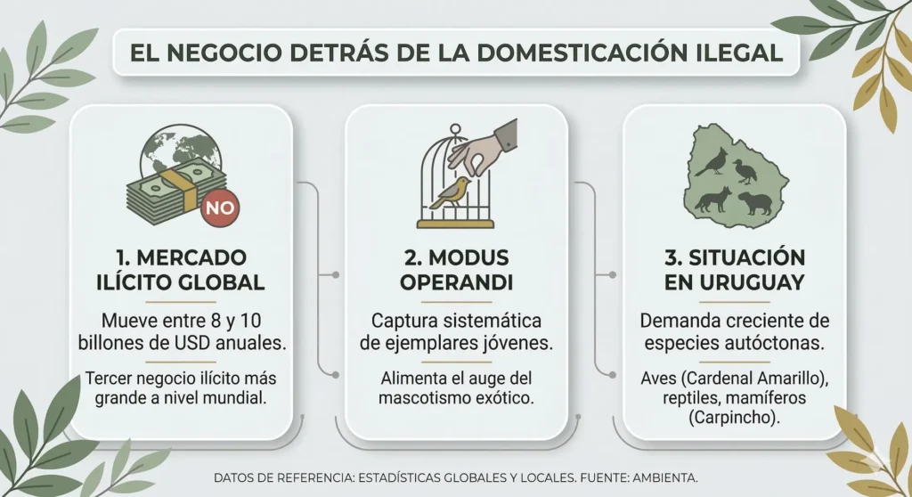 Infografía de Ambienta sobre el impacto del tráfico de fauna y la domesticación ilegal de especies en Uruguay y el mundo.