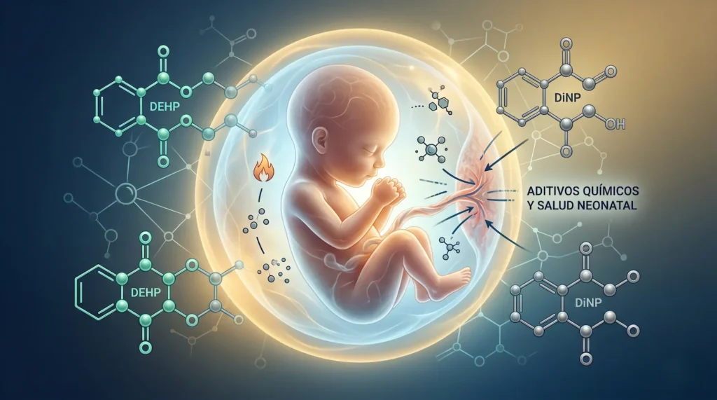 Dos Millones De Nacimientos Prematuros Al Año Se Vinculan Con Químicos Plásticos a Nivel Global Ilustración conceptual que muestra el paso de compuestos químicos (DEHP, DiNP) al feto y sus efectos biológicos.