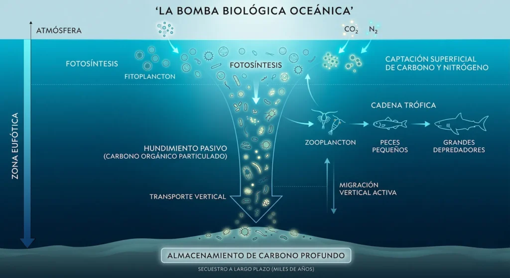 Diagrama de la bomba biológica oceánica que muestra la fijación de carbono por el fitoplancton y su almacenamiento en las profundidades.