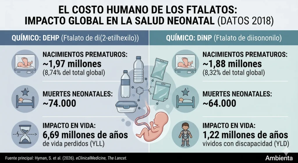 Dos Millones De Nacimientos Prematuros Al Año Se Vinculan Con Químicos Plásticos a Nivel Global Infografía sobre cómo la contaminación por plásticos y los aditivos químicos afectan la salud y provocan partos prematuros.