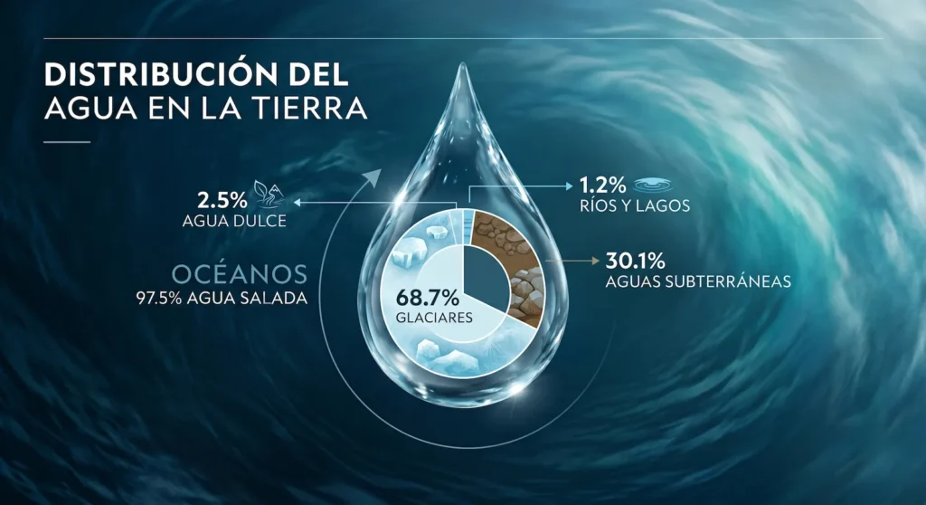 Infografía que muestra que el 97.5% del agua terrestre es salada, subrayando la importancia del océano en la biosfera.