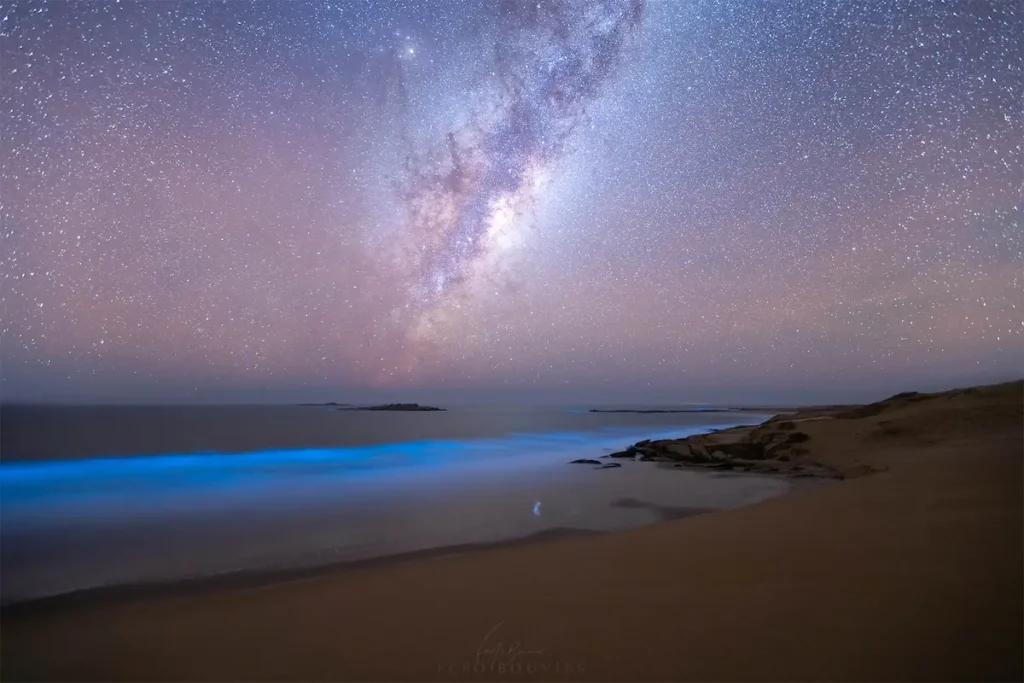 Bioluminiscencia en la costa de Rocha y la Vía Láctea, ejemplo de patrimonio natural nocturno en Uruguay.