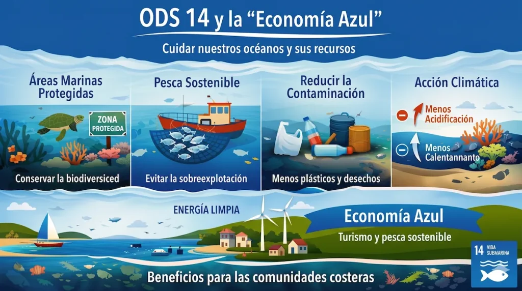 Infografía de Ambienta sobre la Economía Azul y el ODS 14, vinculada a los desafíos del Instituto de Ciencias Oceánicas Uruguay y el desarrollo sostenible.