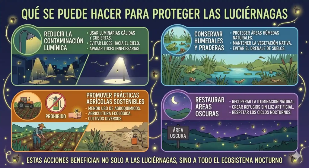 Infografía detallada con cuatro medidas clave para proteger las luciérnagas en Uruguay. Reducción de luz artificial, conservación de humedales, agricultura sostenible y restauración de oscuridad natural.