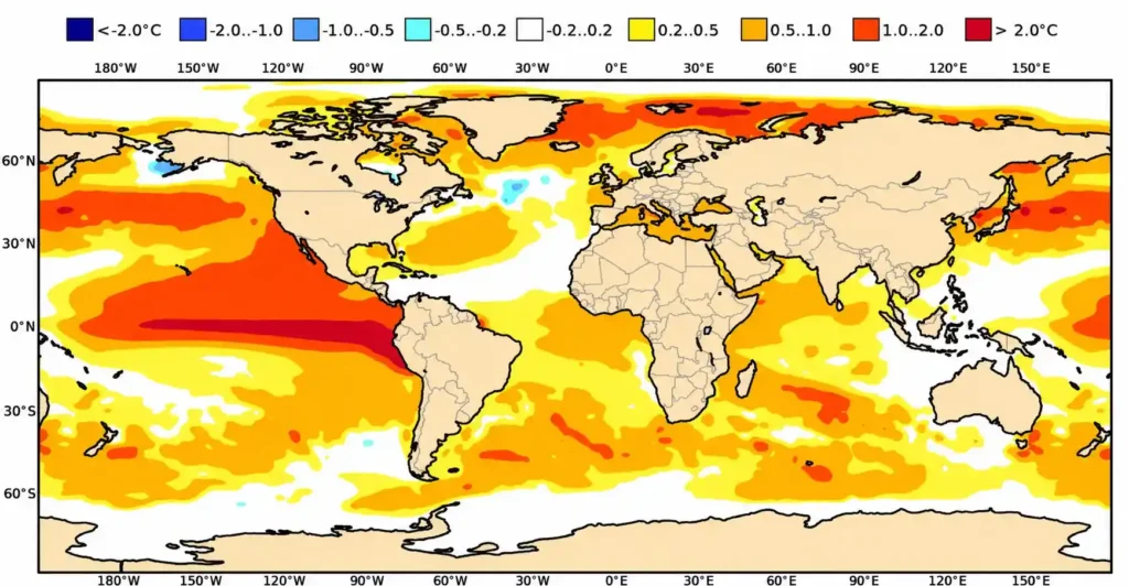 El Niño No Es Una Tormenta Cómo El Pacífico Redefine El Clima De Uruguay Mapa mundial de anomalías de la temperatura superficial del mar de la NOAA, mostrando un fuerte calentamiento con tonos rojos y naranjas en el océano Pacífico ecuatorial.