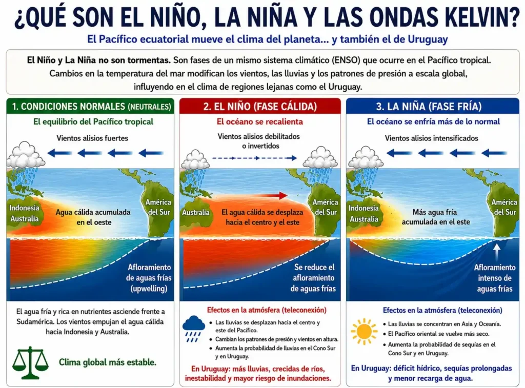 El Niño No Es Una Tormenta Cómo El Pacífico Redefine El Clima De Uruguay Infografía comparativa del fenómeno ENSO que detalla las condiciones normales neutras, la fase cálida de El Niño y la fase fría de La Niña, explicando la interacción de vientos y temperaturas en el Pacífico.