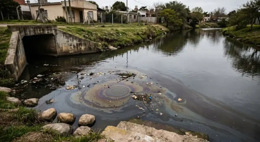 Manchas de aceite usado domiciliario flotando en un cauce de agua cerca de un desagüe residencial, ilustrando la crisis del agua.
