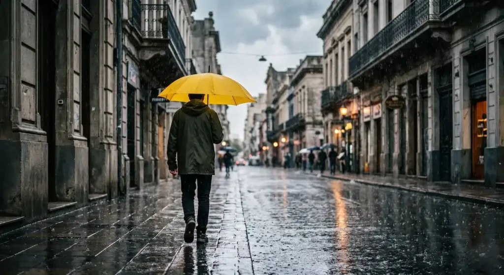Persona caminando con paraguas amarillo bajo una intensa lluvia en una calle céntrica de Uruguay, representando el aumento de precipitaciones por el fenómeno de El Niño en Uruguay según el informe de Inumet.