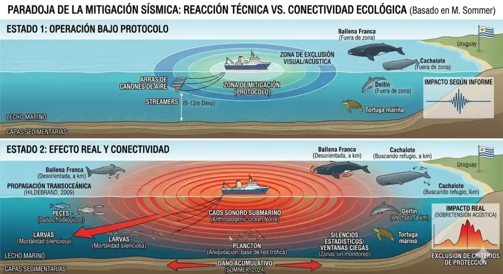 Infografía comparativa de impacto acústico real vs radio de exclusión teórico.