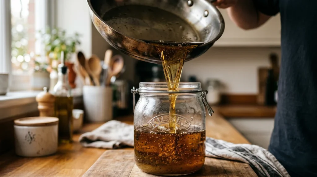 Primer plano de aceite de cocina usado vertiéndose en un frasco de vidrio para reciclaje y economía circular con MUTUA.