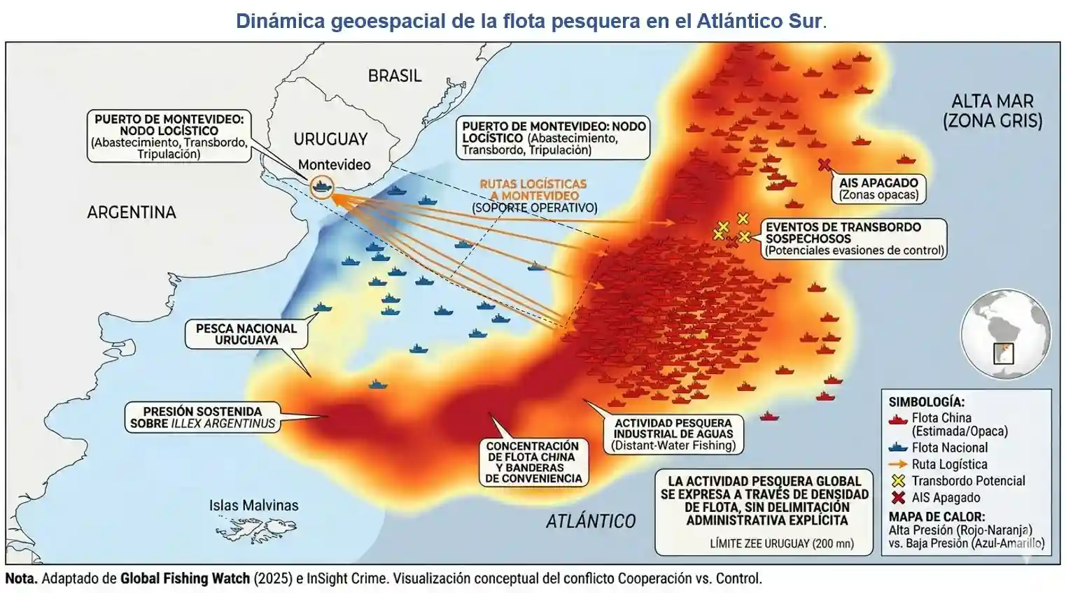 Mapa de la pesca china en el Atlántico Sur mostrando la presión sobre la Zona Económica Exclusiva de Uruguay.
