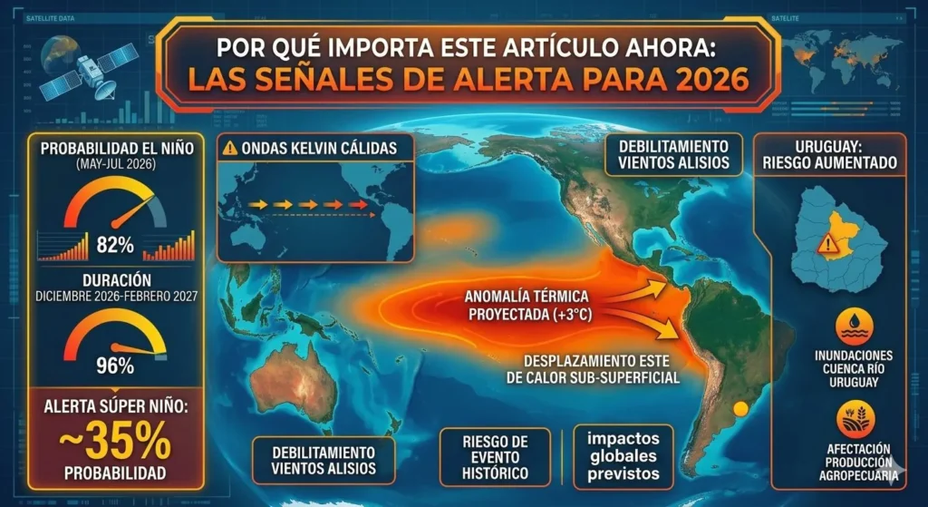 El Niño No Es Una Tormenta Cómo El Pacífico Redefine El Clima De Uruguay Infografía sobre las señales de alerta de El Niño para 2026, mostrando probabilidades de la NOAA, desplazamiento de ondas Kelvin cálidas y riesgos de inundación en la cuenca del Río Uruguay.