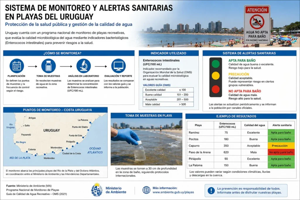 Infografía sobre el sistema de monitoreo y alertas sanitarias en playas de Uruguay, detallando las etapas desde la toma de muestras hasta la evaluación de enterococos intestinales y el semáforo de alertas de aptitud para baño.