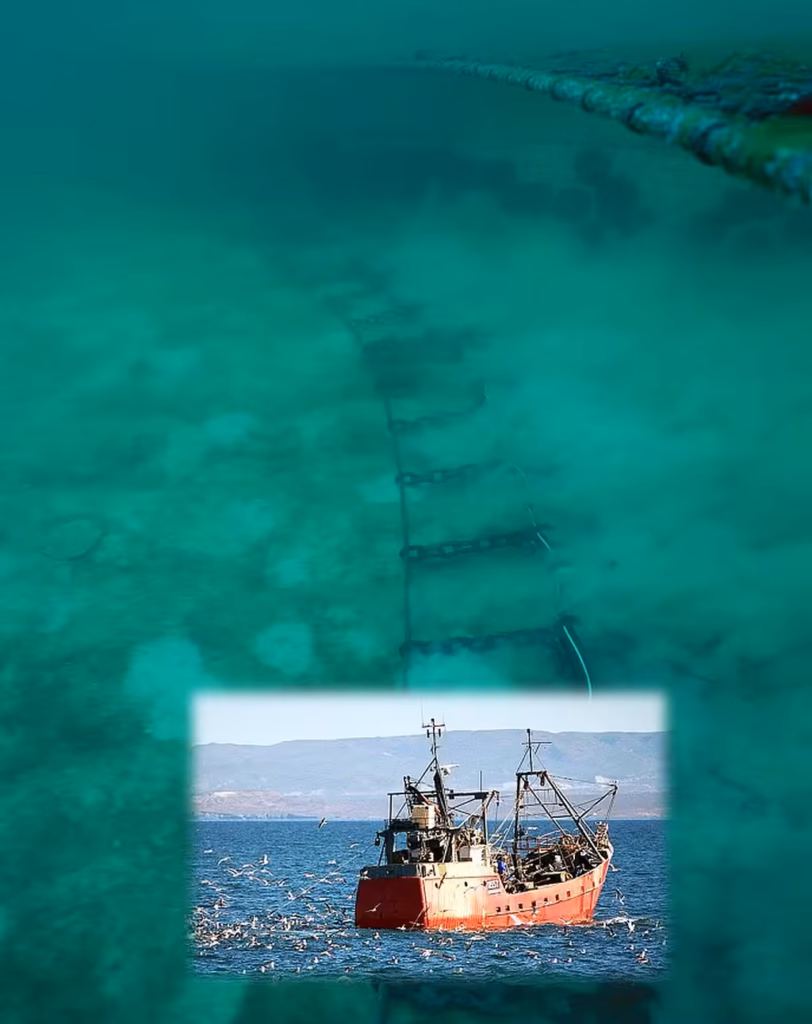 Composición visual interactiva que muestra un barco pesquero rodeado de aves en la superficie del océano y un plano submarino con una red de arrastre de fondo y cadenas pesadas modificando el lecho marino.