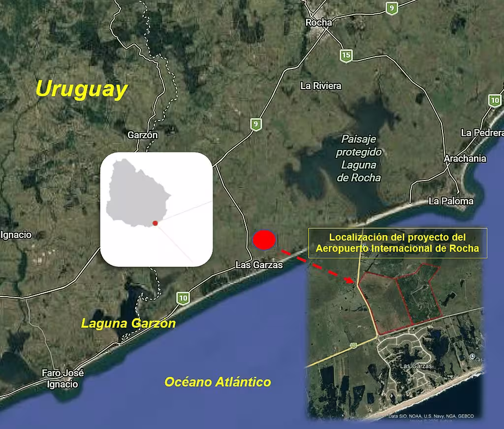 Mapa de la ubicación del aeropuerto de Rocha entre las lagunas Garzón y de Rocha.