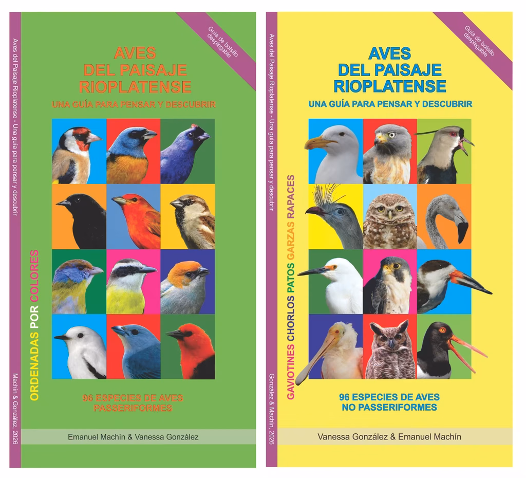 Portadas de los dos volúmenes de la Guía de aves del paisaje rioplatense de Vanessa González y Emanuel Machín.