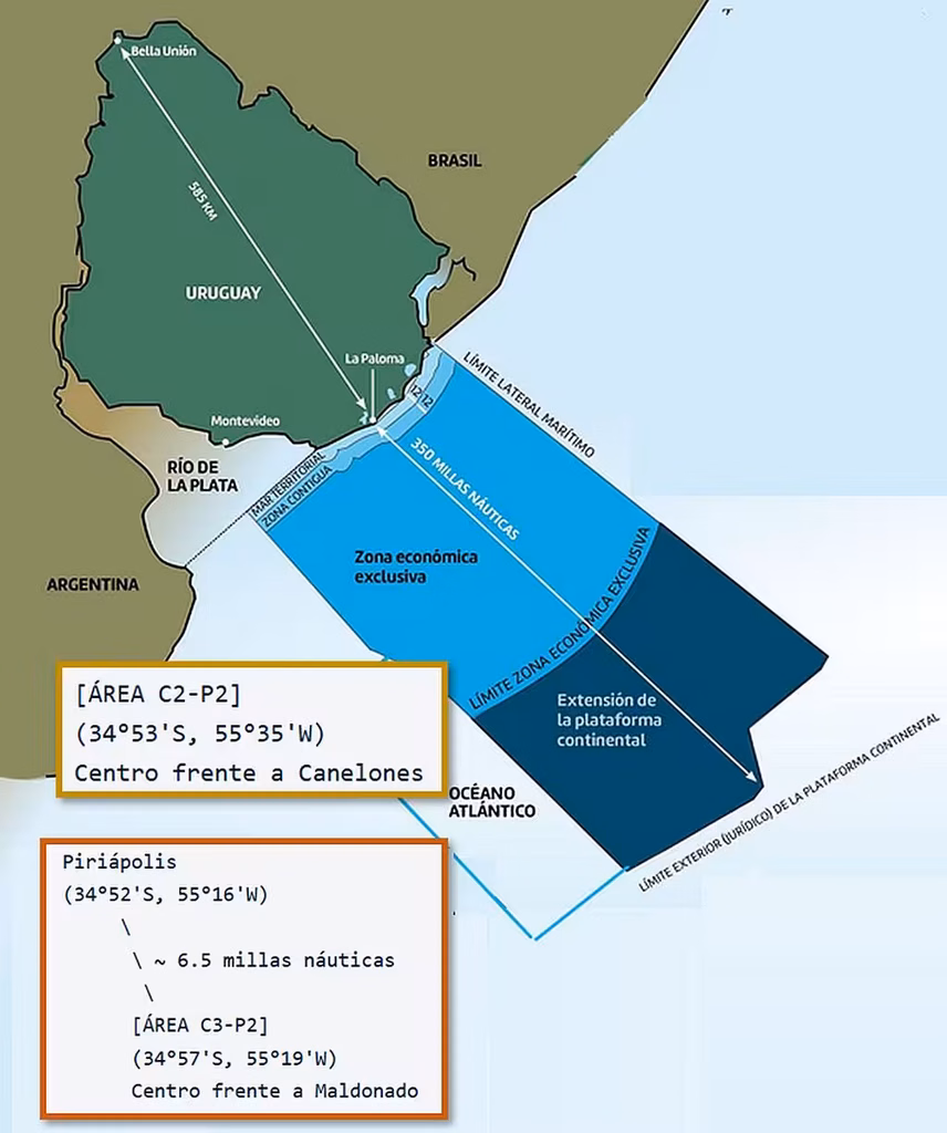 Mapa de las áreas C2-P2 y C3-P2 para el transbordo de mineral de hierro frente a Piriápolis y Canelones