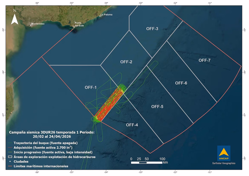 Mapa de trayectoria en los resultados de la prospección sísmica en Uruguay